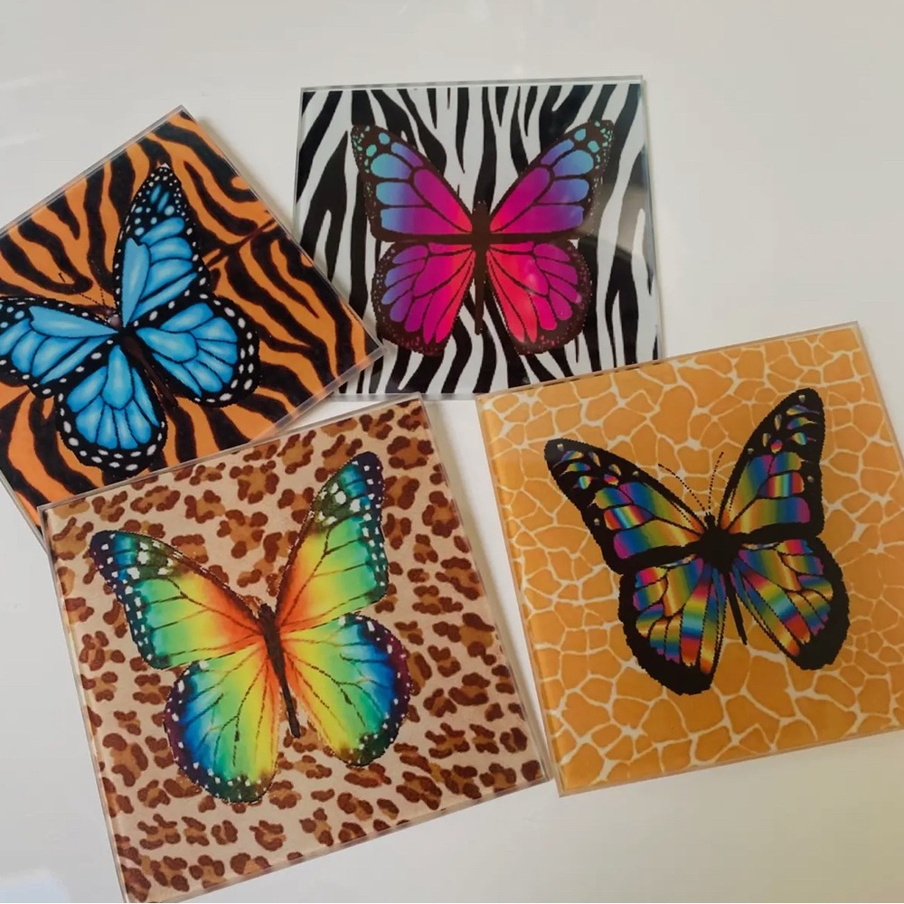 CUSTOM MADE! Set of 4. Colorful Butterfly Design Vibrant & Beautiful.